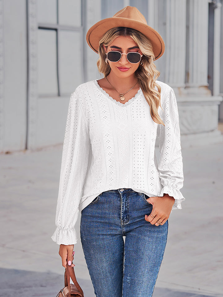 Women's Eyelet V-Neck Flounce Sleeve Blouse