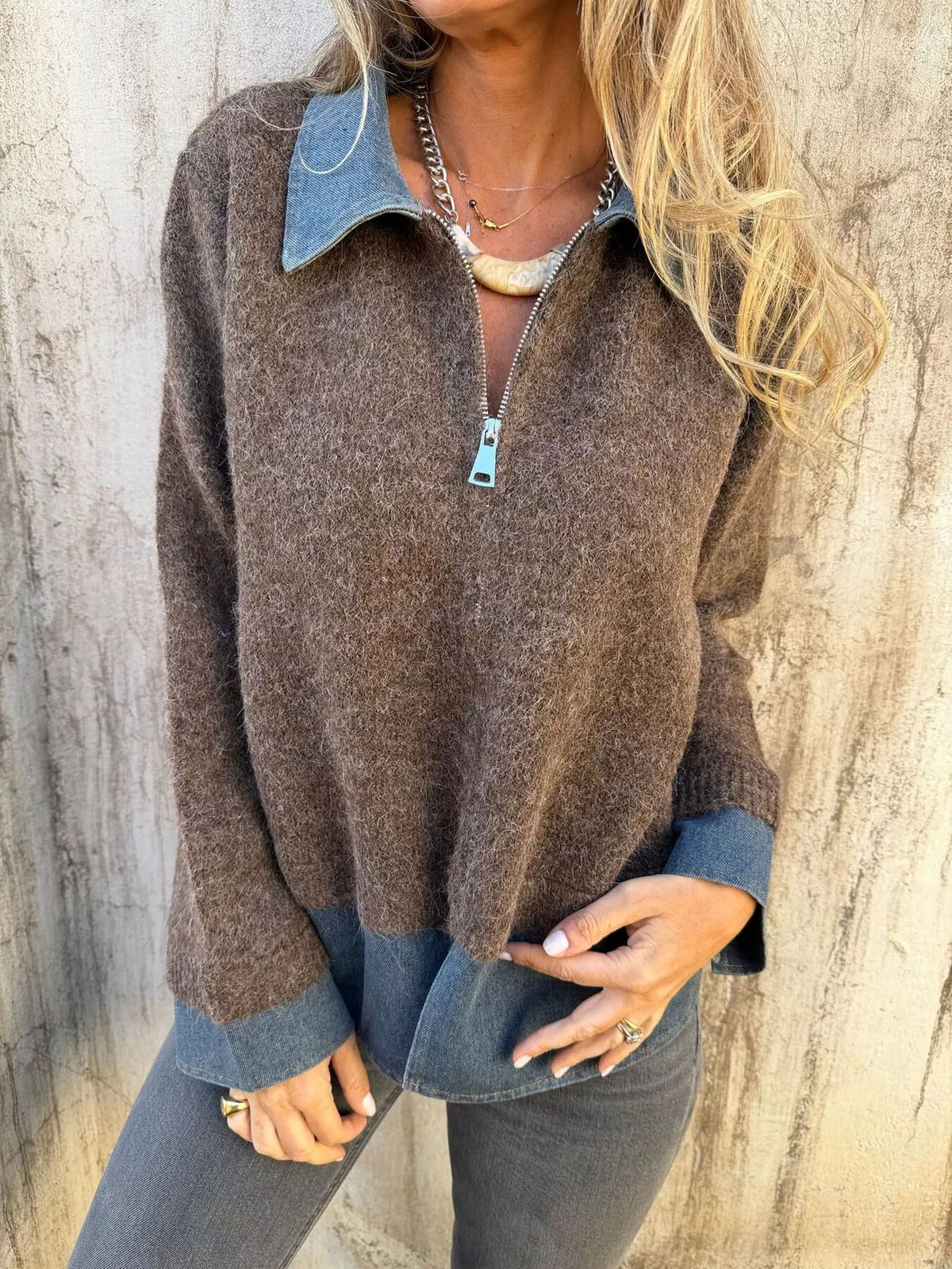Women's Contrast Denim Collar Half-Zip Knit Sweater