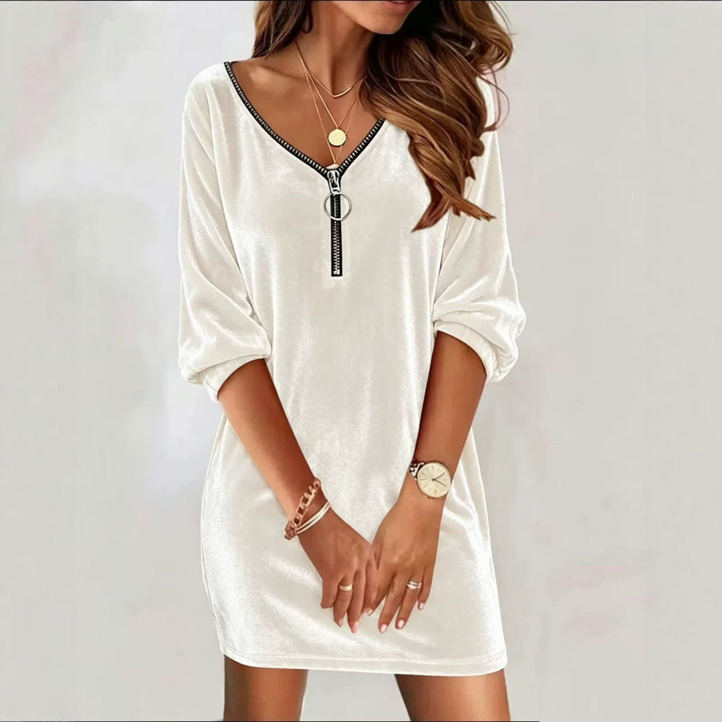 Autumn Winter New Women's Fashion Gold Velvet Casual Solid Color V-neck Zipper Long Sleeve Dress For Women