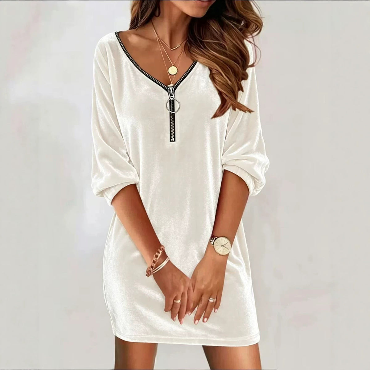 Autumn Winter New Women's Fashion Gold Velvet Casual Solid Color V-neck Zipper Long Sleeve Dress For Women