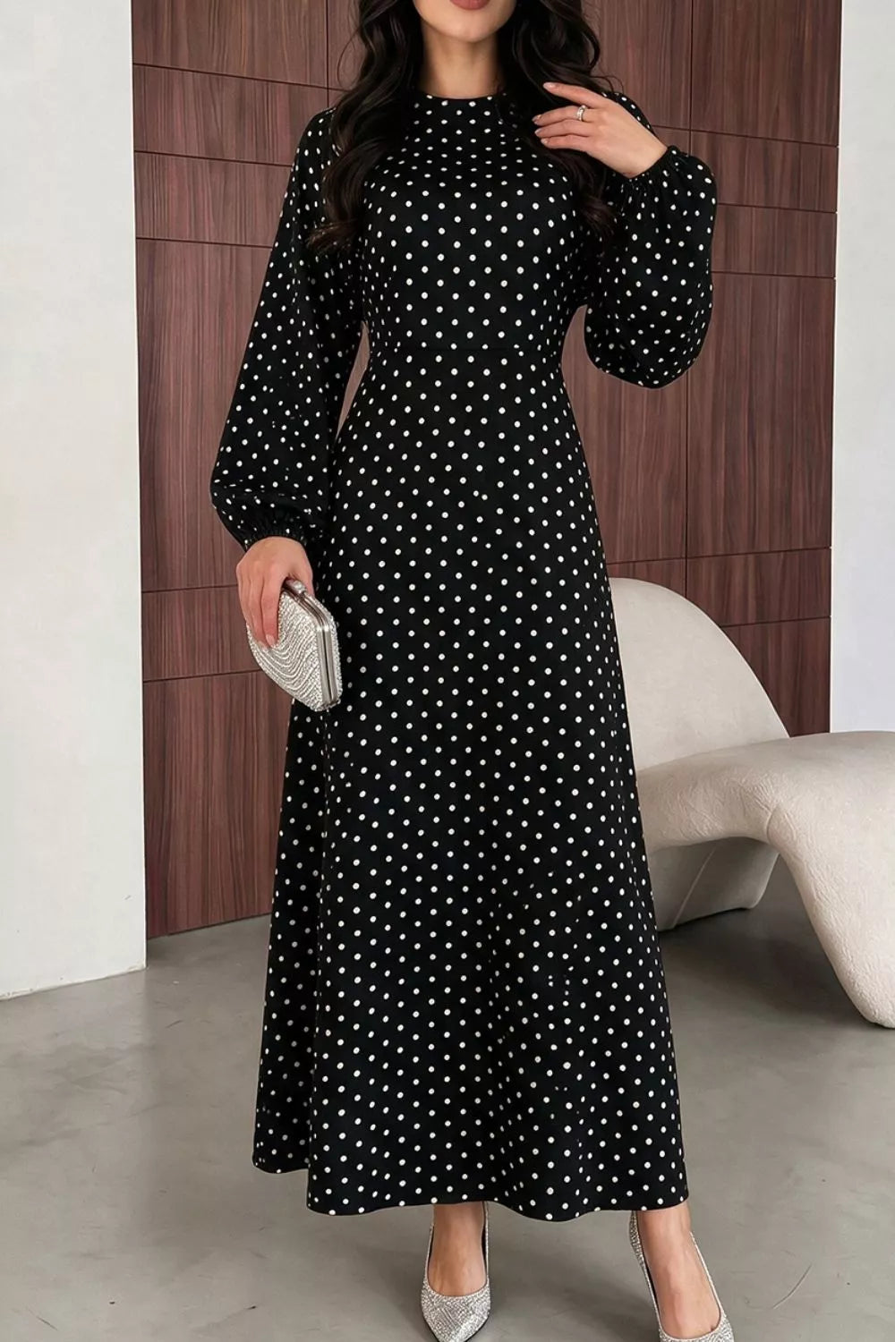 Women's Polka Dot Long Sleeve Maxi Dress - Black