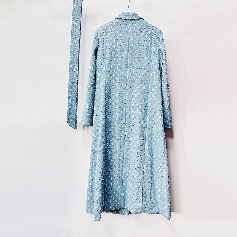 Women's Denim blue Light Blue Tweed Belted Double-Breasted Long Coat - Denim blue