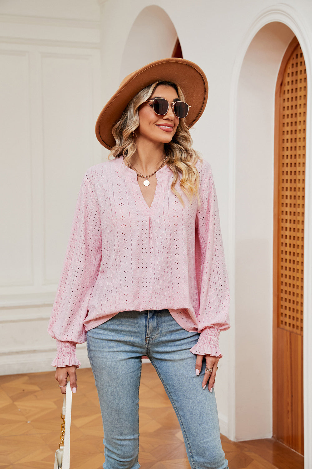 Women's Notched Neck Flounce Sleeve Blouse - Blush Pink