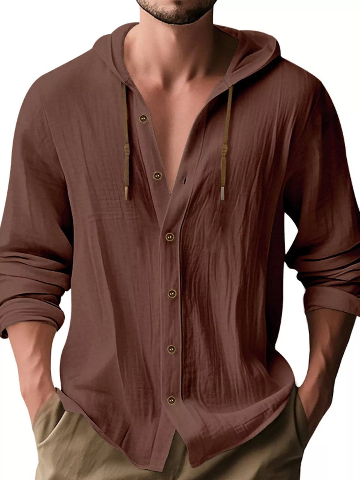 Men's Full Size Drawstring Button Up Hooded Shirt Plus Size
