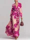 Women's Hot Pink Floral Print Maxi Dress with Waist-Tie Detail - Hot Pink
