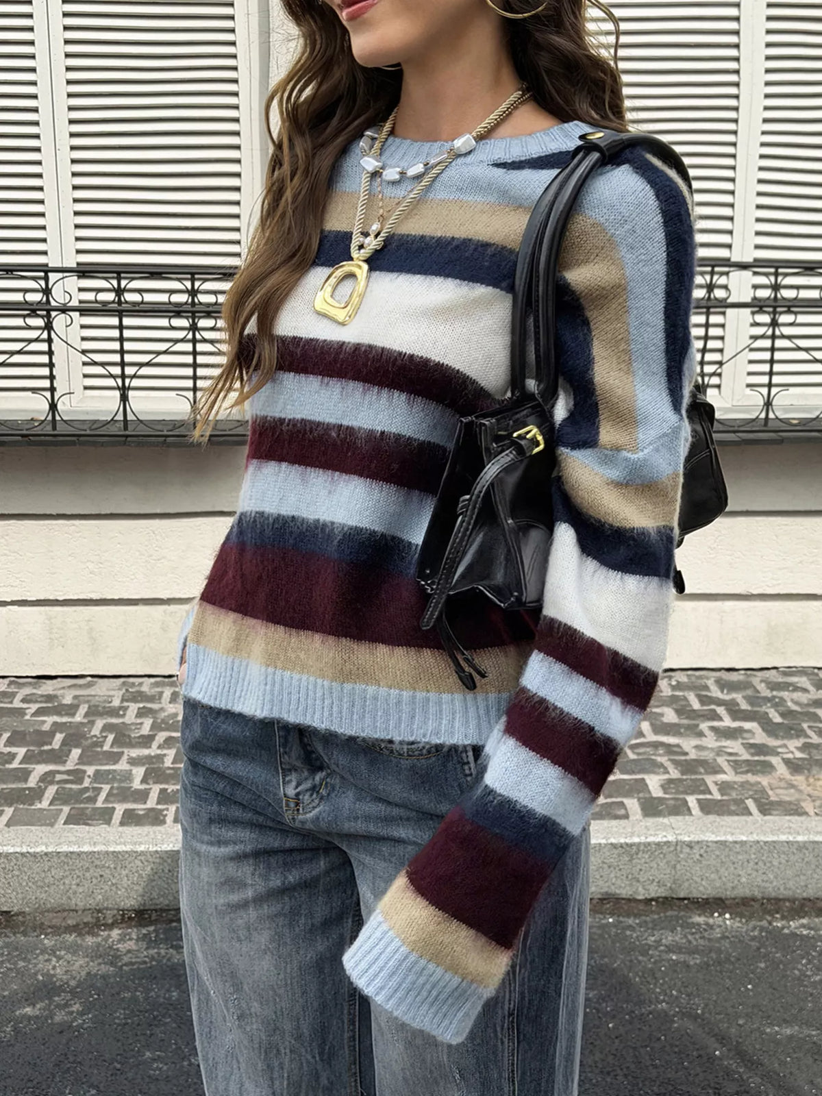 Women's Colorful Stripes Multi-Color Striped Fuzzy Sweater - Colorful Stripes
