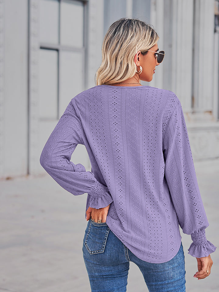 Women's V-Neck Eyelet Flounce Sleeve Blouse