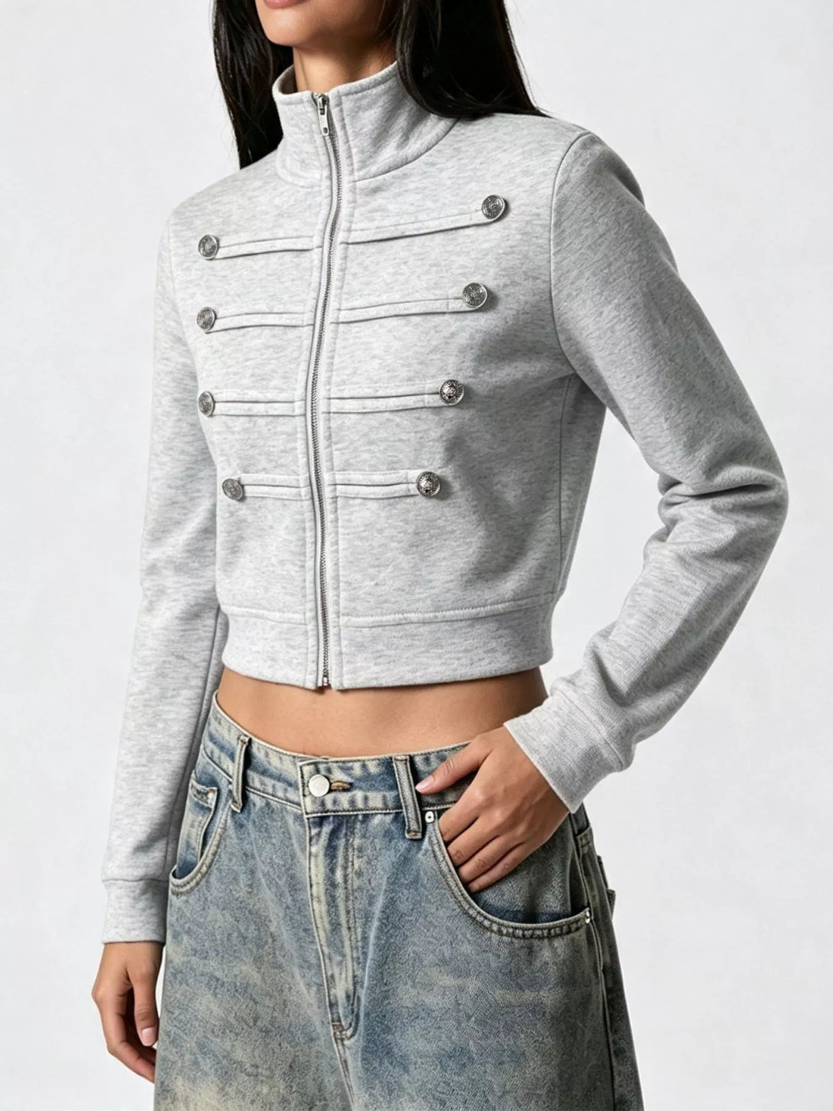 Women's Gray Cropped Zip-Up Outerwear with Decorative Buttons - Gray
