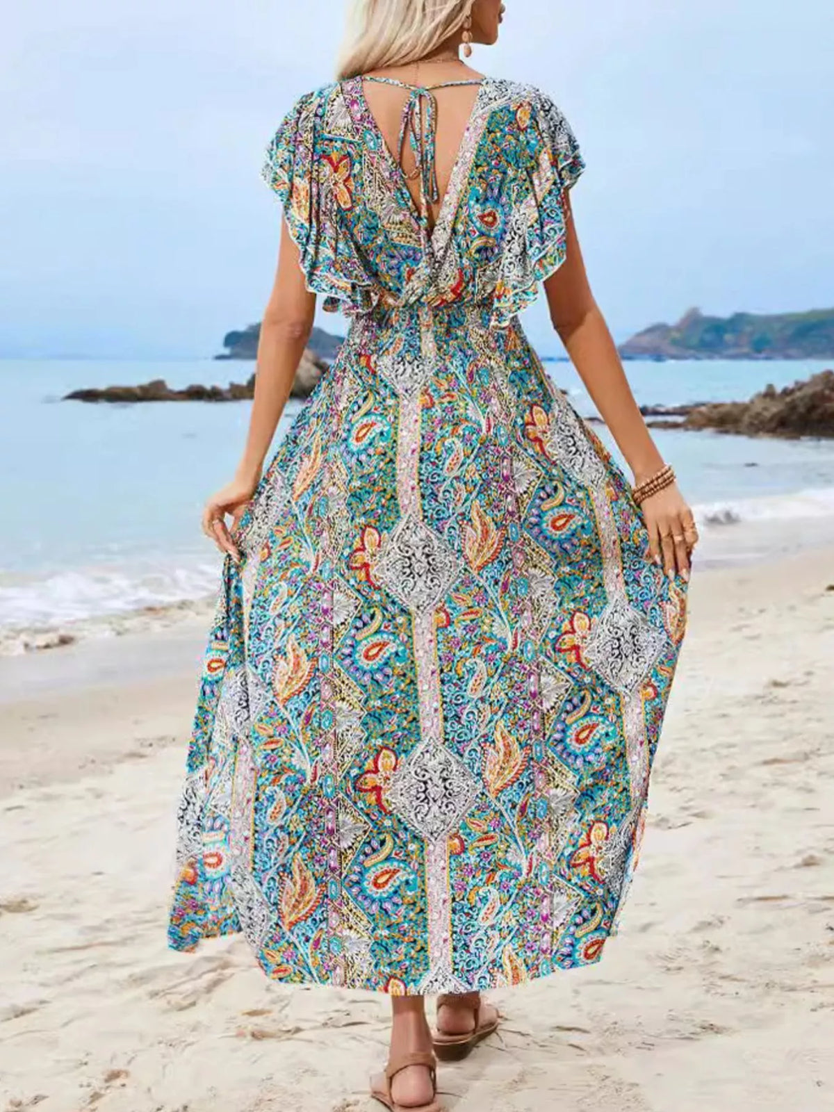 Women's Multicolor Paisley Print Flutter Sleeve Smocked Maxi Dress - Multicolor