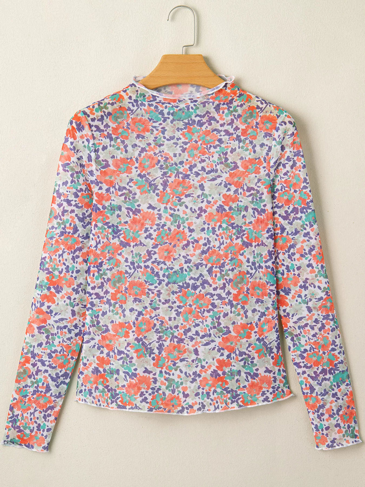 Women's Floral Print Sheer Mesh Long Sleeve Mock Neck Top - Floral
