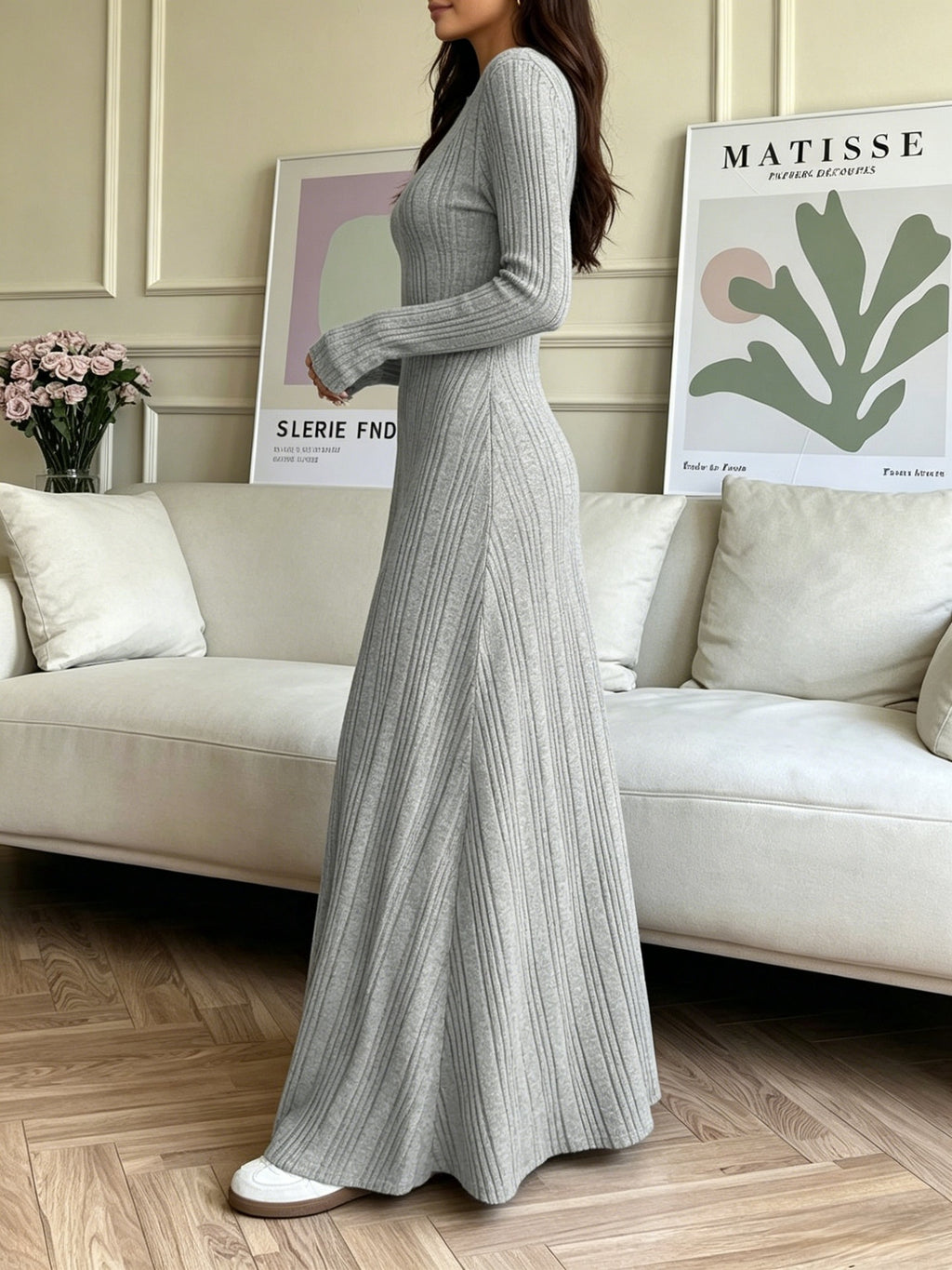 Autumn Winter Women's Fashion Round Neck Long-Sleeve Ribbed Knit Elegant Dress Slim Fit Long Dress