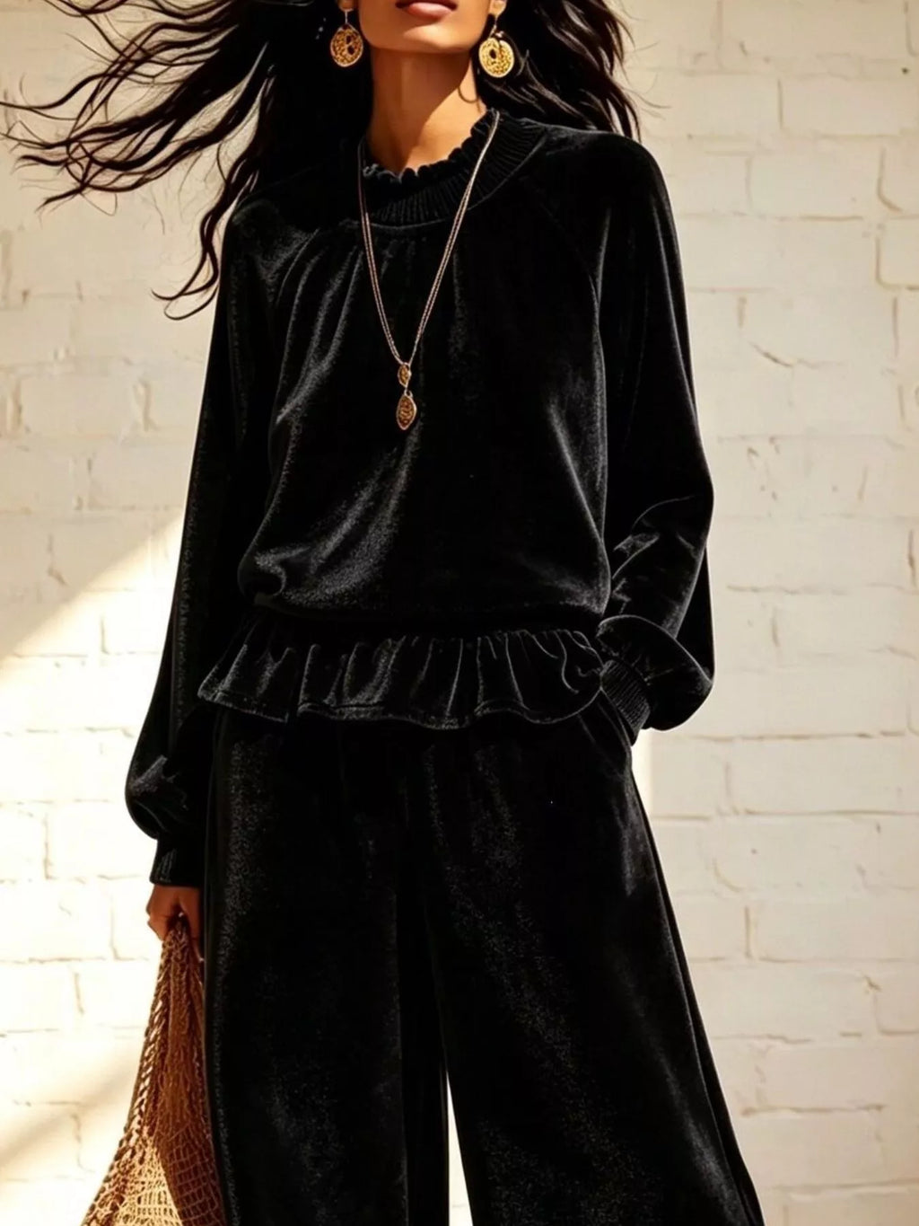 Women's Velvet Peplum Top and Wide-Leg Pants Set