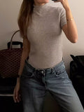 Women's Khaki Color Mock Neck Short Sleeve Knit Sweater - Khaki Color
