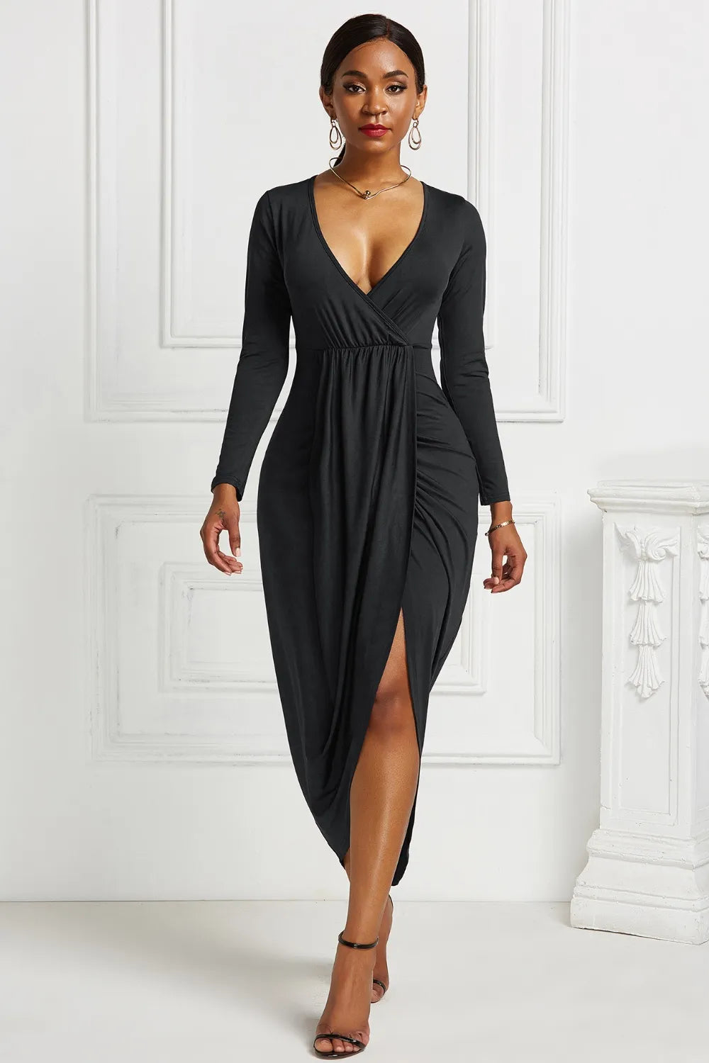 Women's High-low Ruched Surplice Long Sleeve Dress - Black