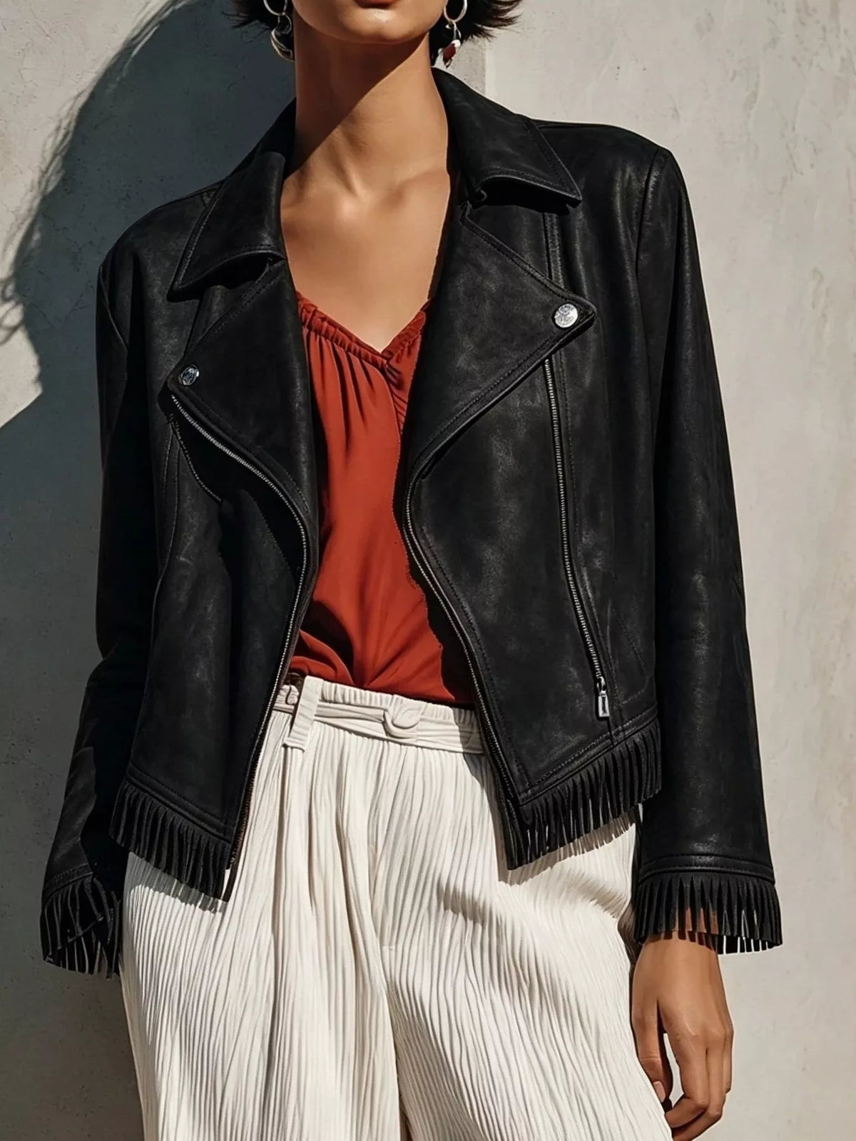 Women's Fringe Hem Zip Up Jacket - Black
