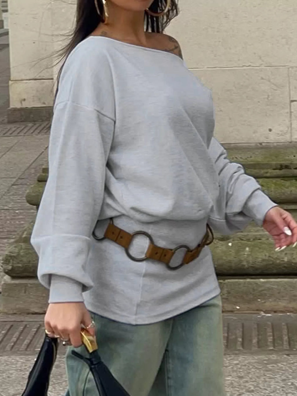 Women's Light Gray One Shoulder Long Sleeve Casual T-Shirt - Light Gray
