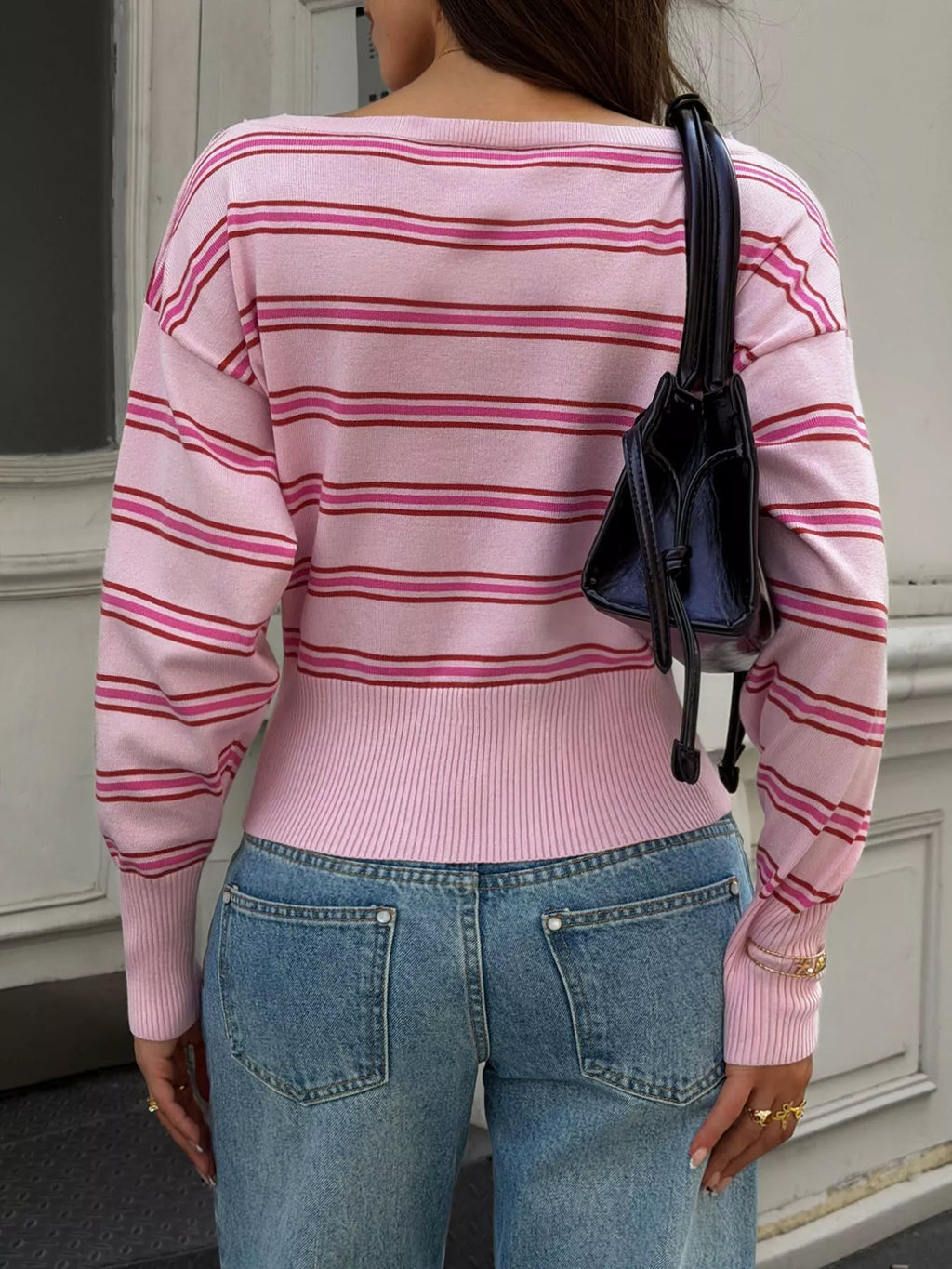 Women's Pink Off-Shoulder Striped Knit Top - Pink