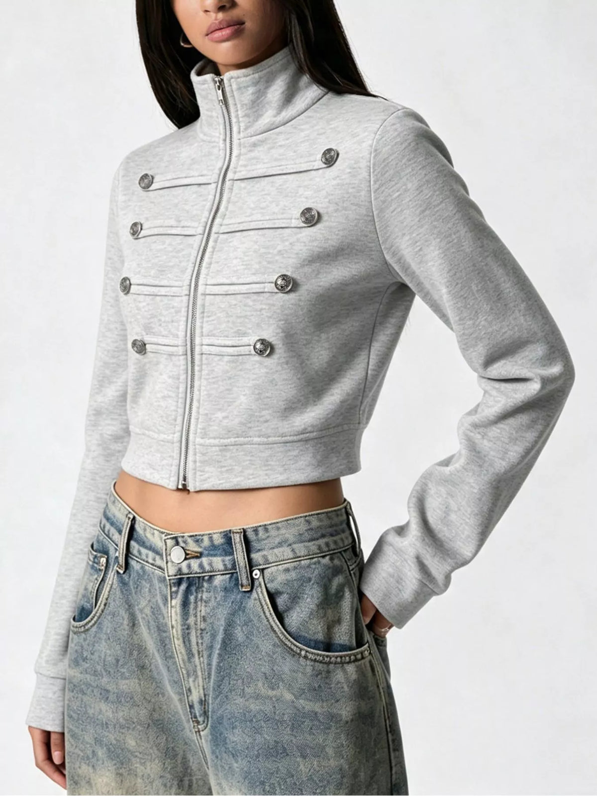 Women's Gray Cropped Zip-Up Outerwear with Decorative Buttons - Gray