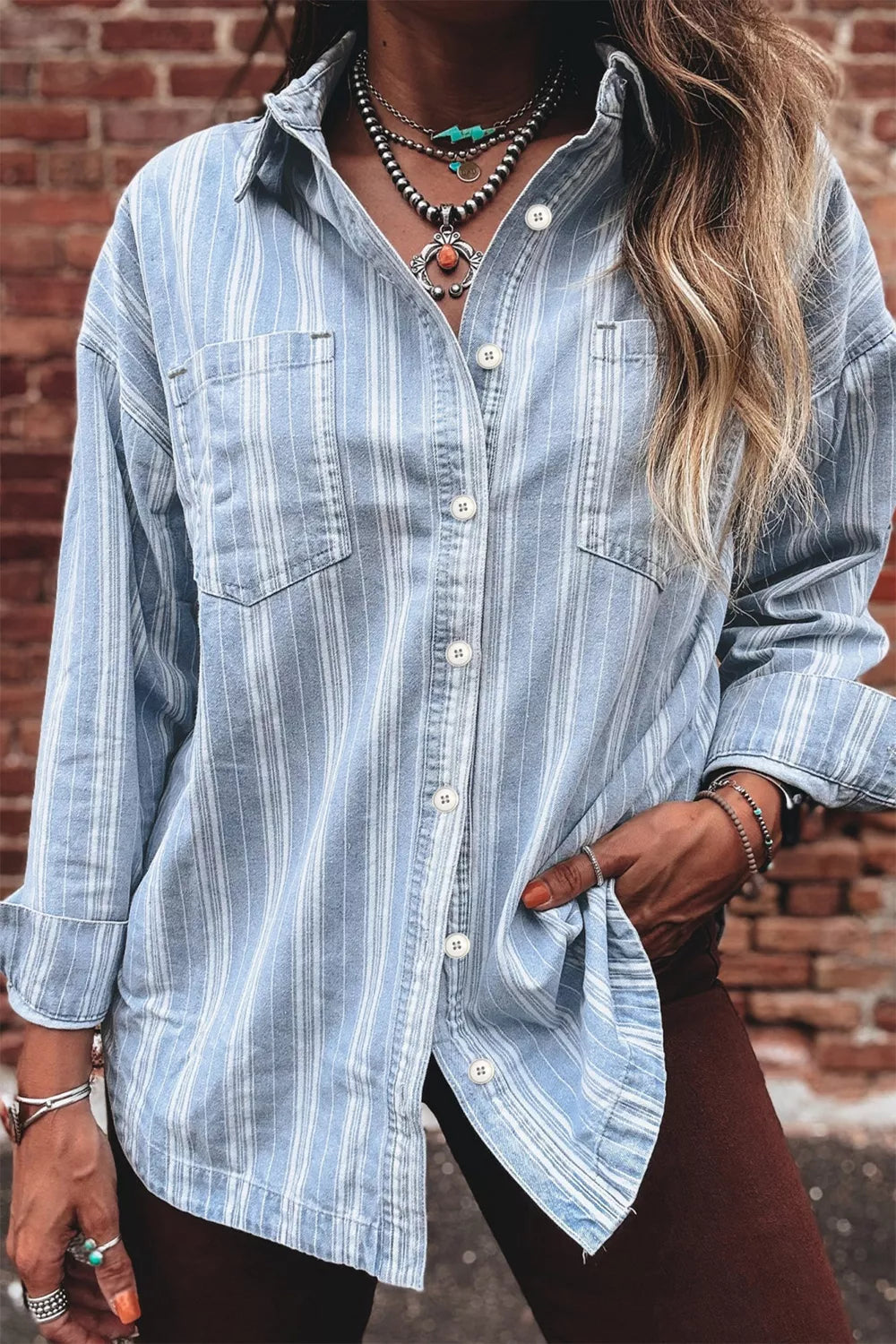Women's Light Blue Stripe Boyfriend Chest Pocket Classic Denim Shacket - Light Blue