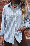 Women's Light Blue Stripe Boyfriend Chest Pocket Classic Denim Shacket - Light Blue
