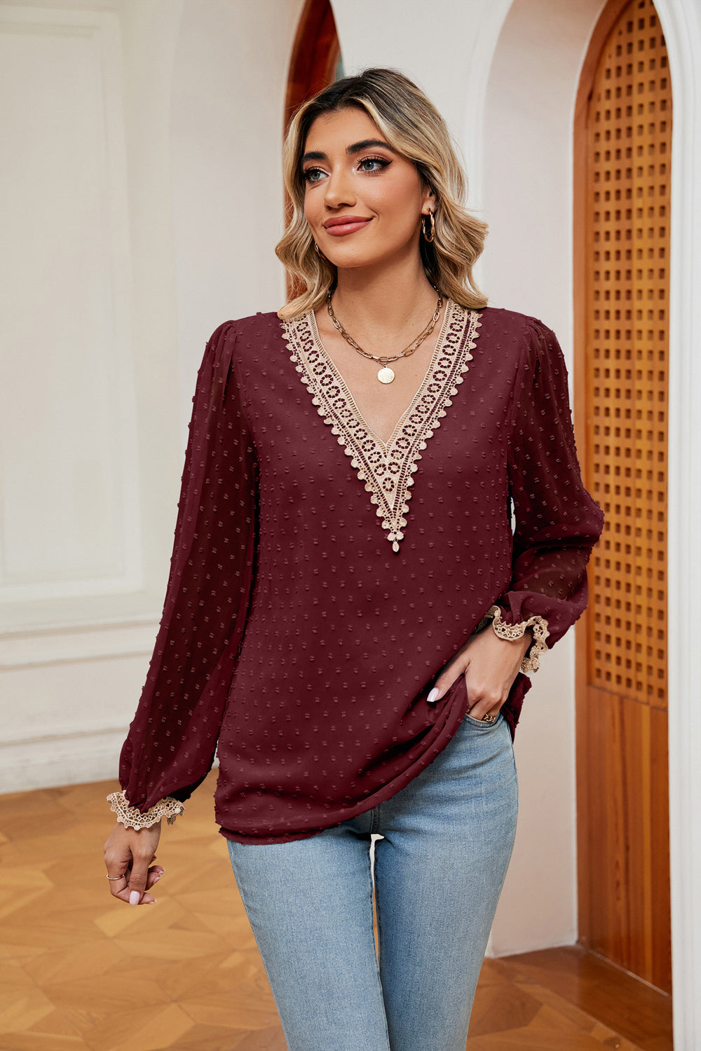Women's Swiss Dot Contrast V-Neck Blouse - Wine