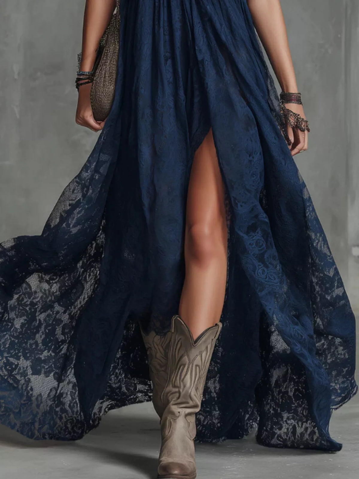 Women's Lace Maxi Dress with High Slit