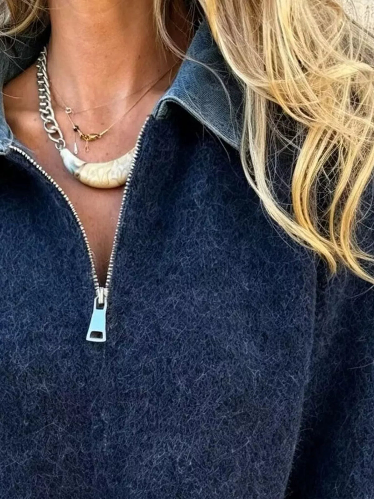 Women's Contrast Denim Collar Half-Zip Knit Sweater