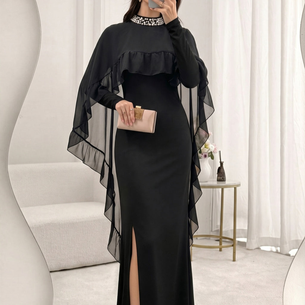 Female Nail Bead Half High Neck Mesh Ruffle Edge Dress