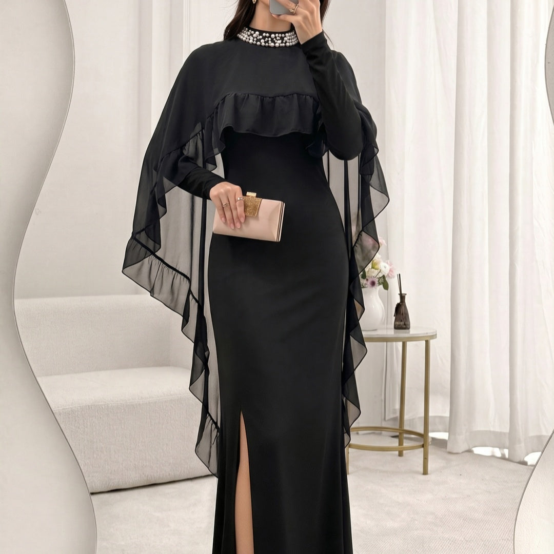 Female Nail Bead Half High Neck Mesh Ruffle Edge Dress