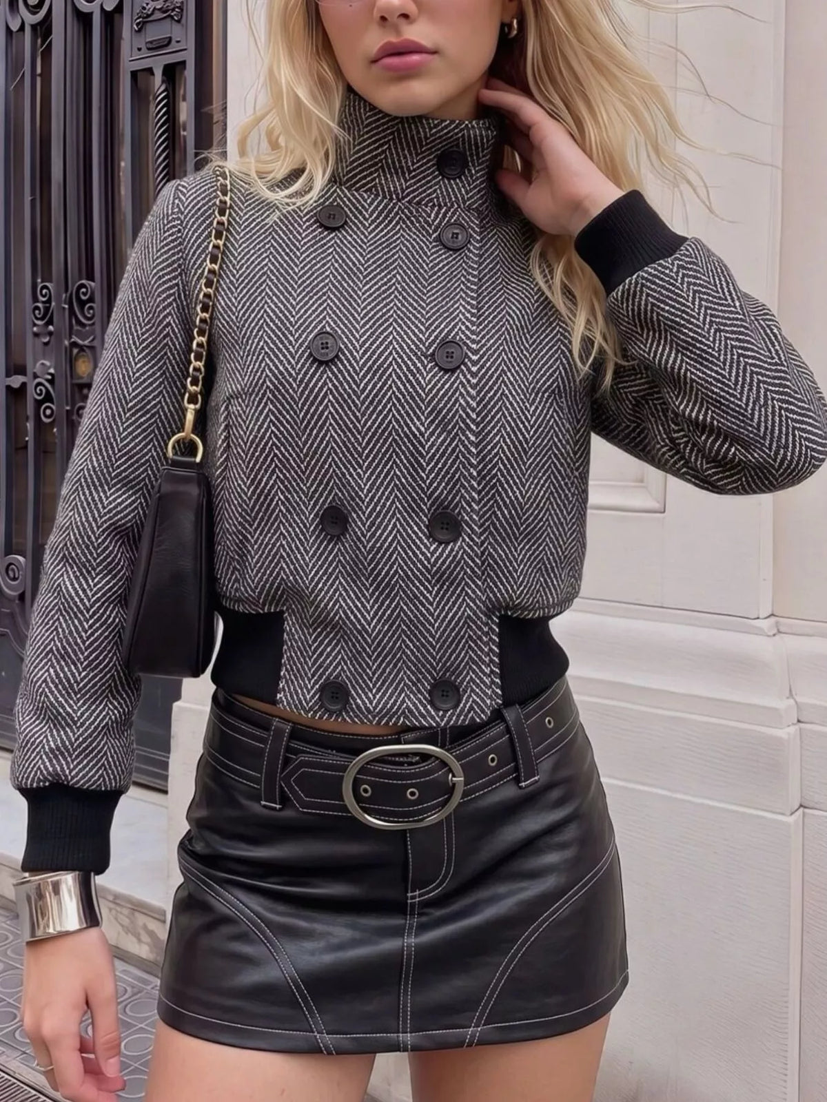 Women's Black Herringbone Double-Breasted Cropped Outerwear - Black
