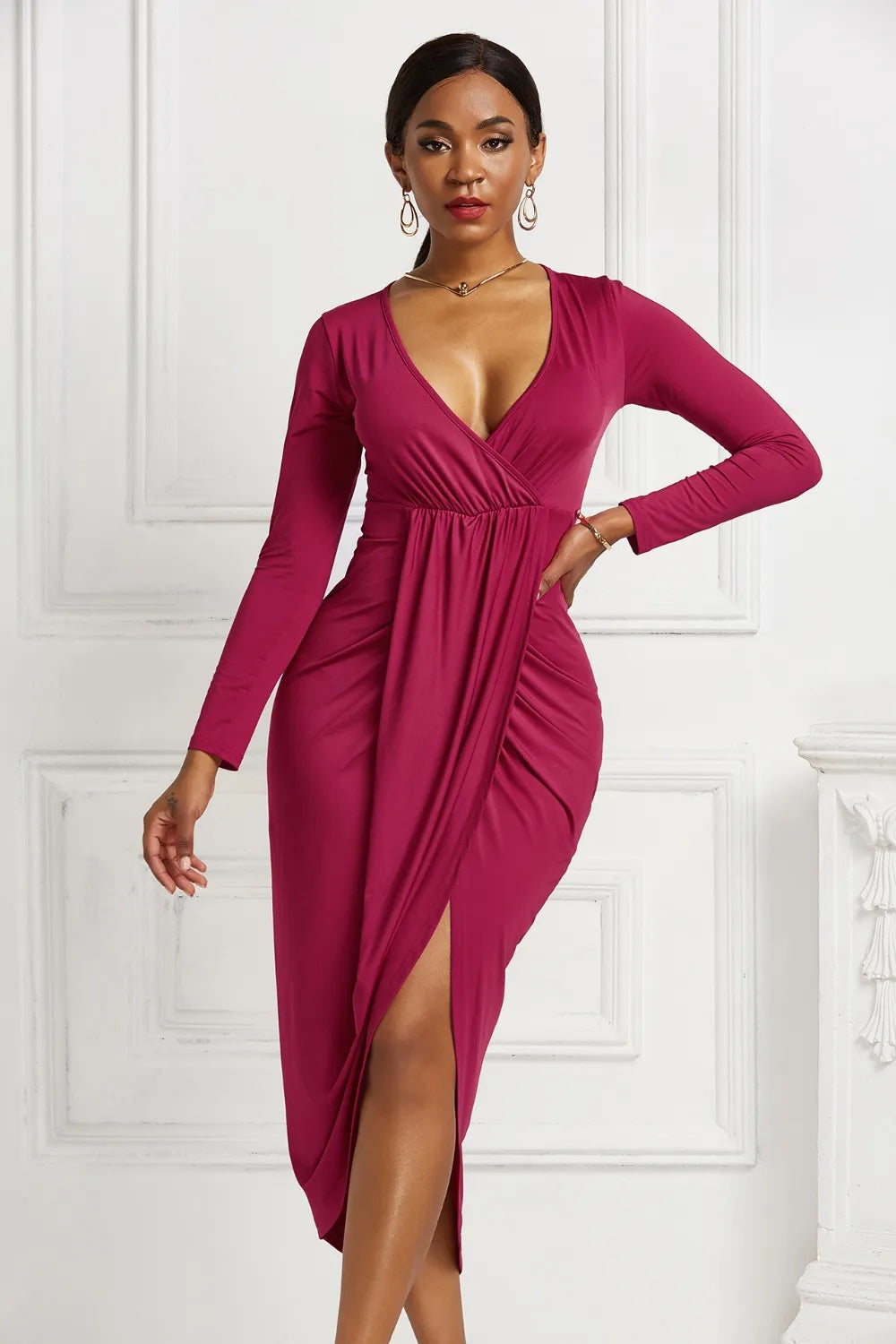 Women's High-low Ruched Surplice Long Sleeve Dress