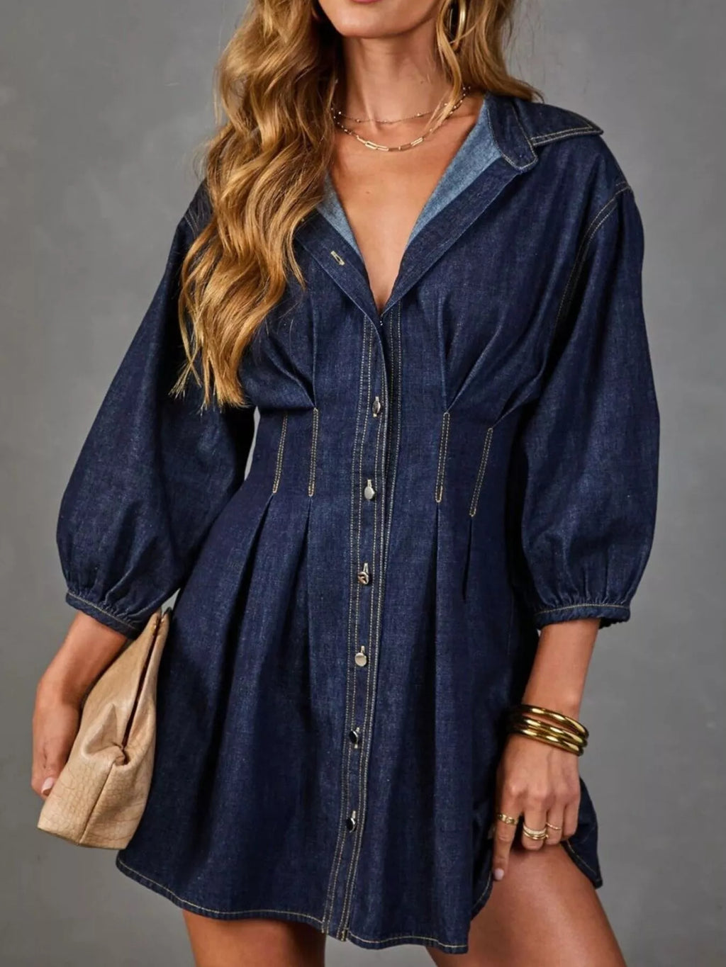 Women's Dark Blue Button Down 3/4 Sleeve Denim Dress - Dark Blue