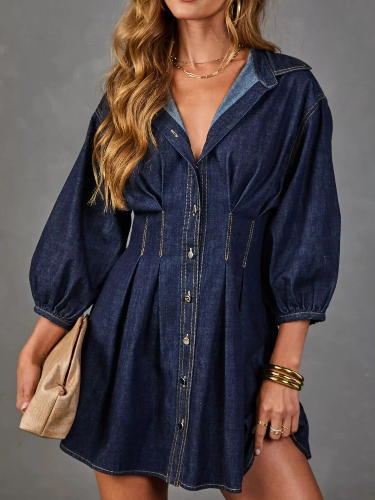 Women's Dark Blue Button Down 3/4 Sleeve Denim Dress - Dark Blue