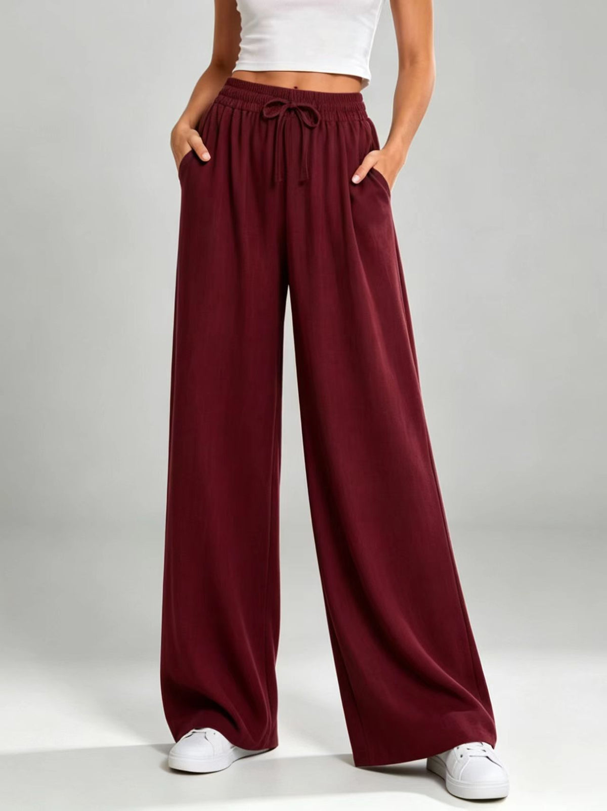 Women's New European And American Style Drawstring Elastic Waist Loose Casual Solid Color Drapey Straight Wide-leg Long Pants For Women