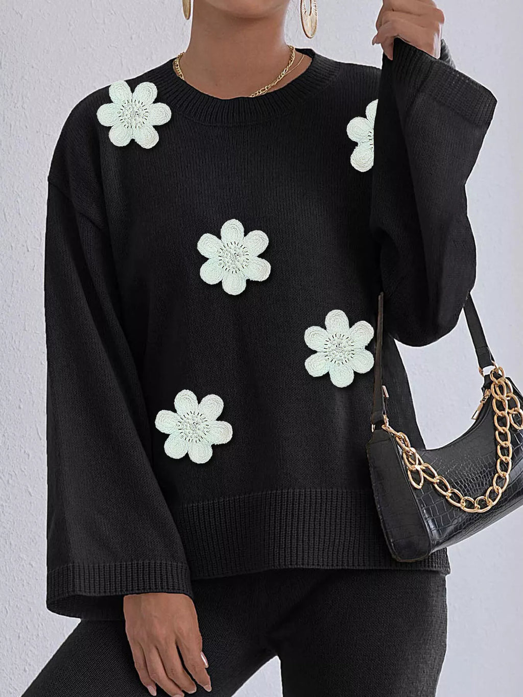 Women's Floral Applique Crew Neck Sweater