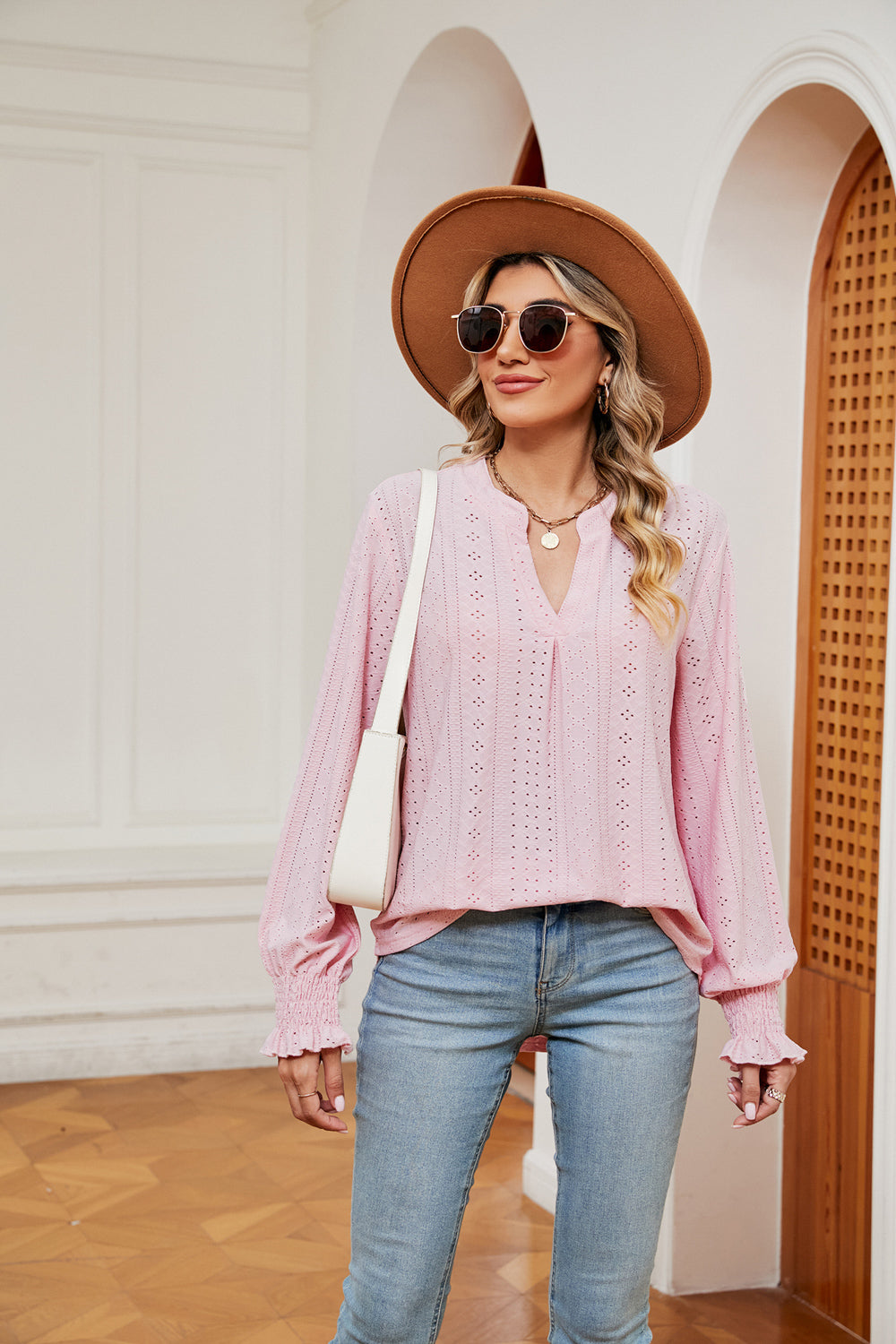 Women's Notched Neck Flounce Sleeve Blouse