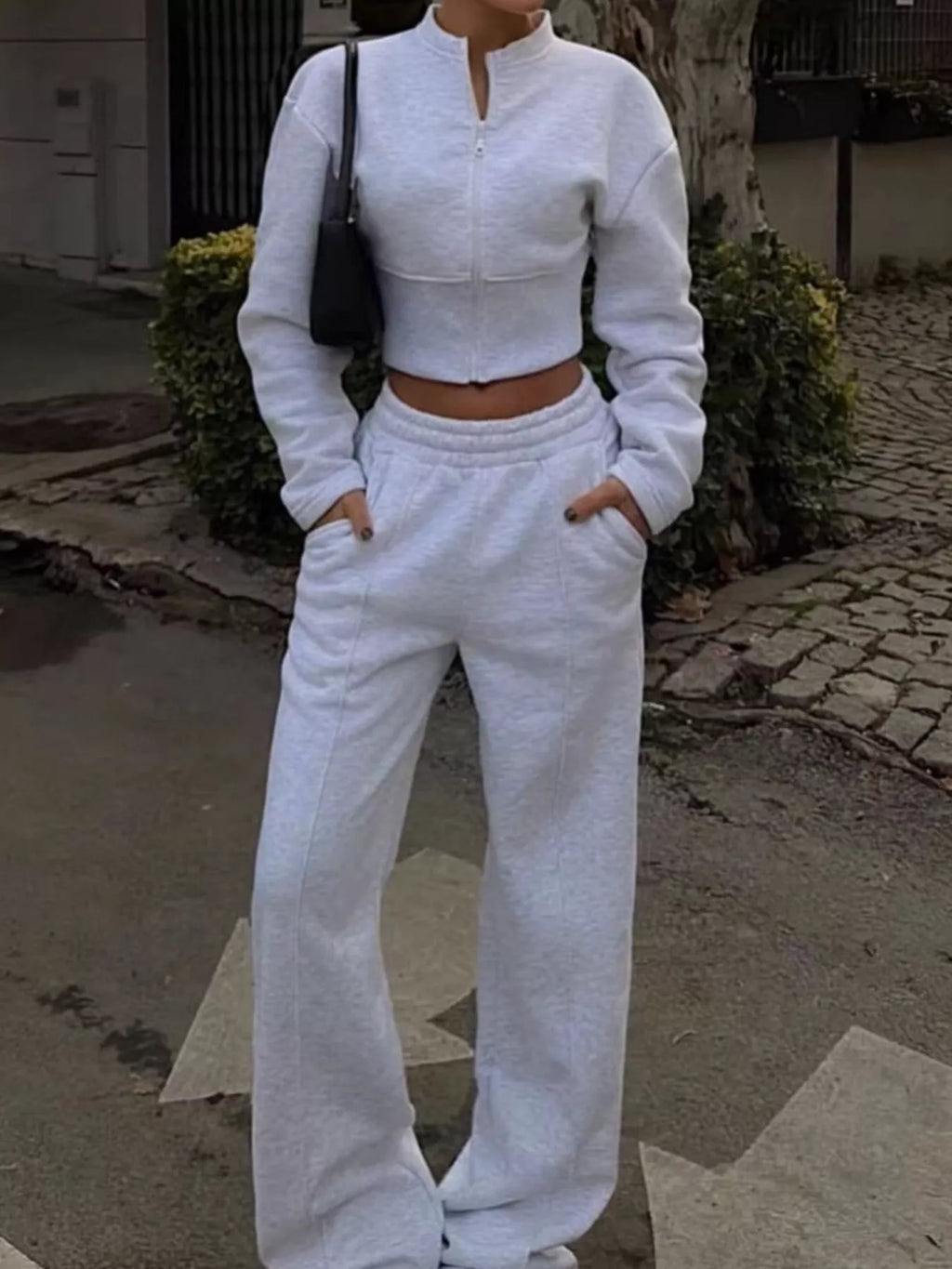 Women's Zip-Up Crop Jacket and Wide-Leg Pants Set