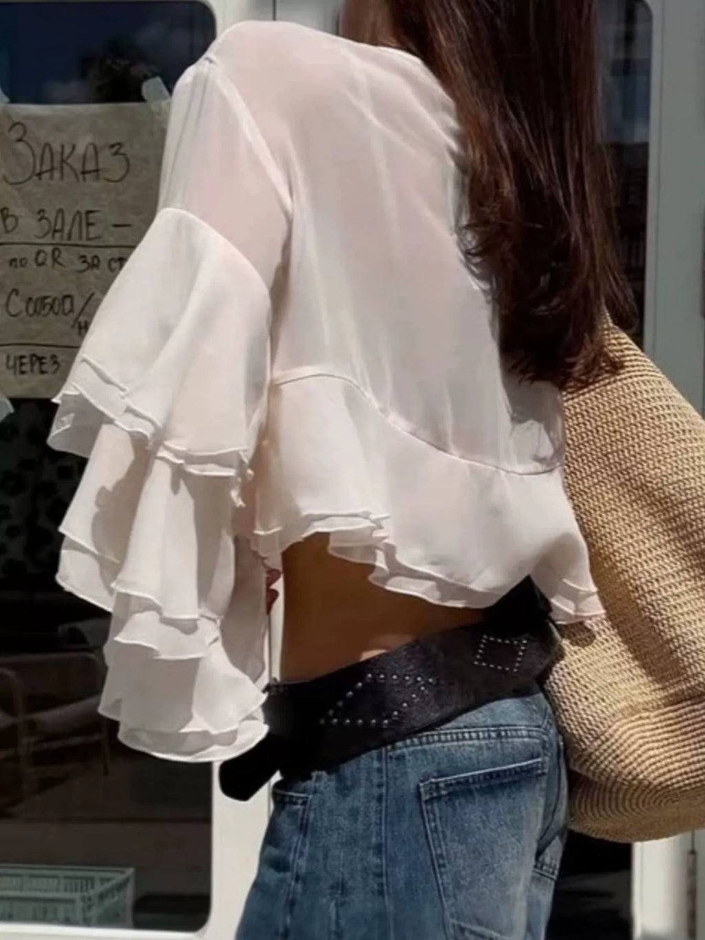 Layered Ruffled Hem Flare Sleeves Blouse