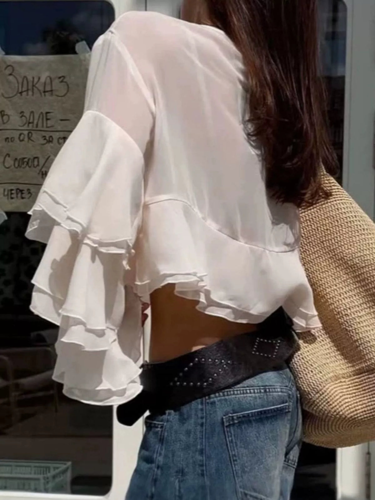 Layered Ruffled Hem Flare Sleeves Blouse