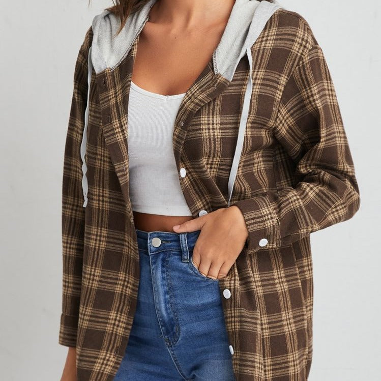Single-breasted Round-neck Long-sleeve Cotton Plaid Hooded Cardigan