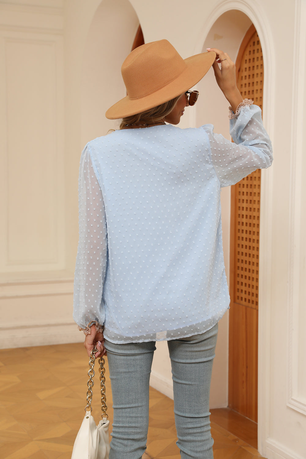 Women's Swiss Dot Contrast V-Neck Blouse