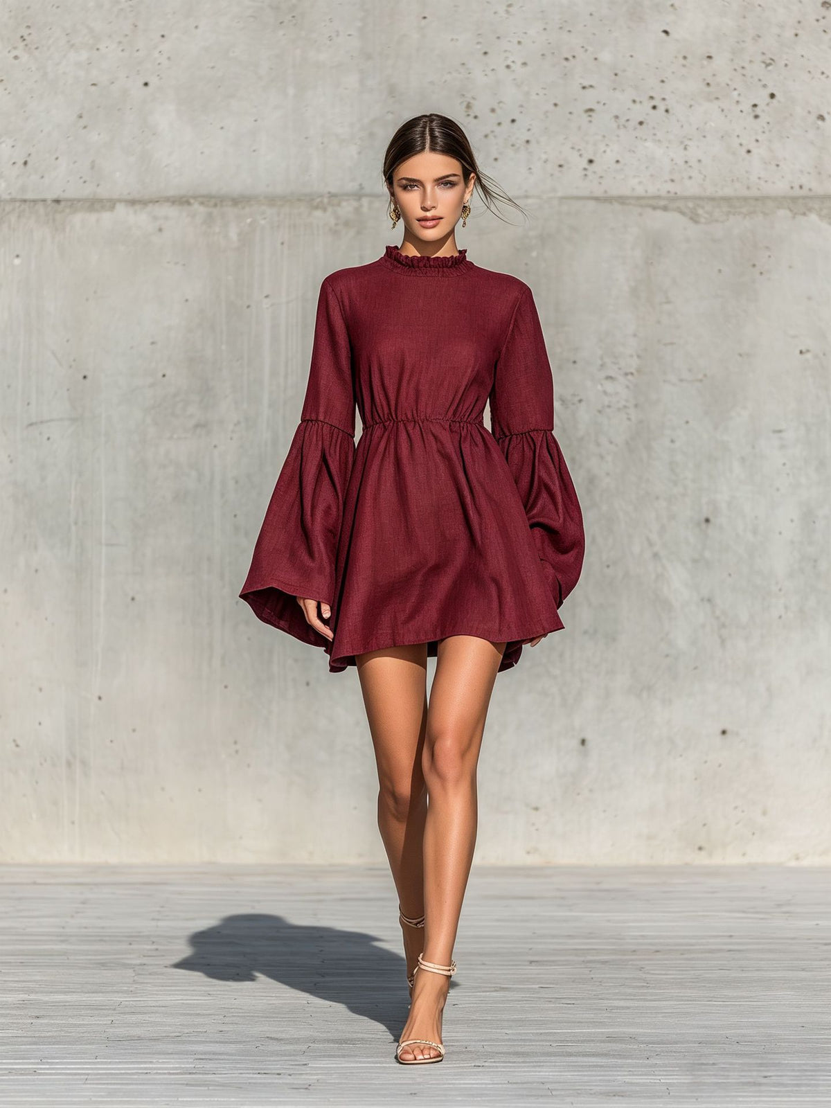 Spring And Autumn Half Collar Lantern Sleeve Elastic Waist Solid Color Cotton Linen Blend Loose Mini Dress