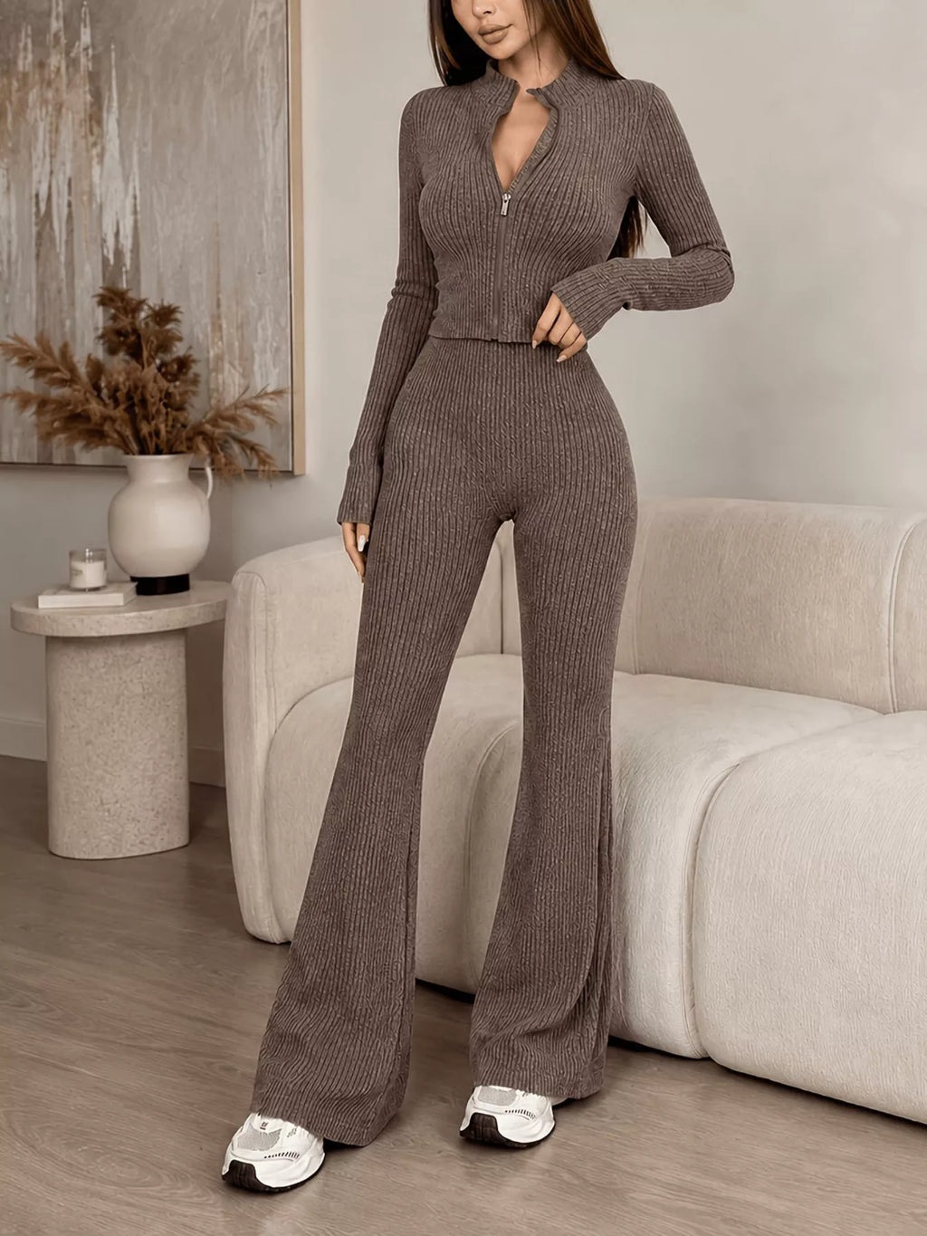 Women's Ribbed Zip-Up Cardigan and Pants Knit Set