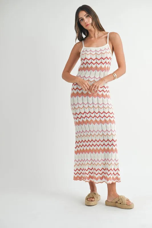 Women's Salmon Lightweight Pointelle Chevron Knit Maxi Dress - Salmon