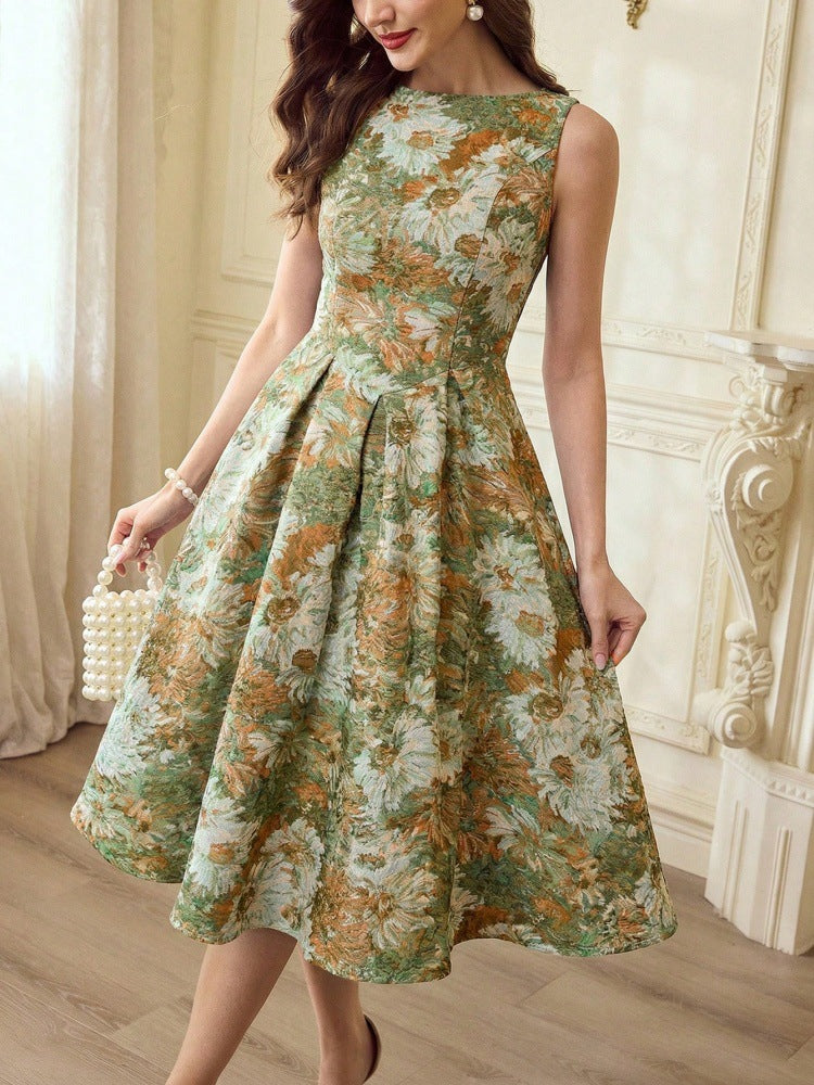French-style Women's Retro Oil-painting Sleeveless Dress