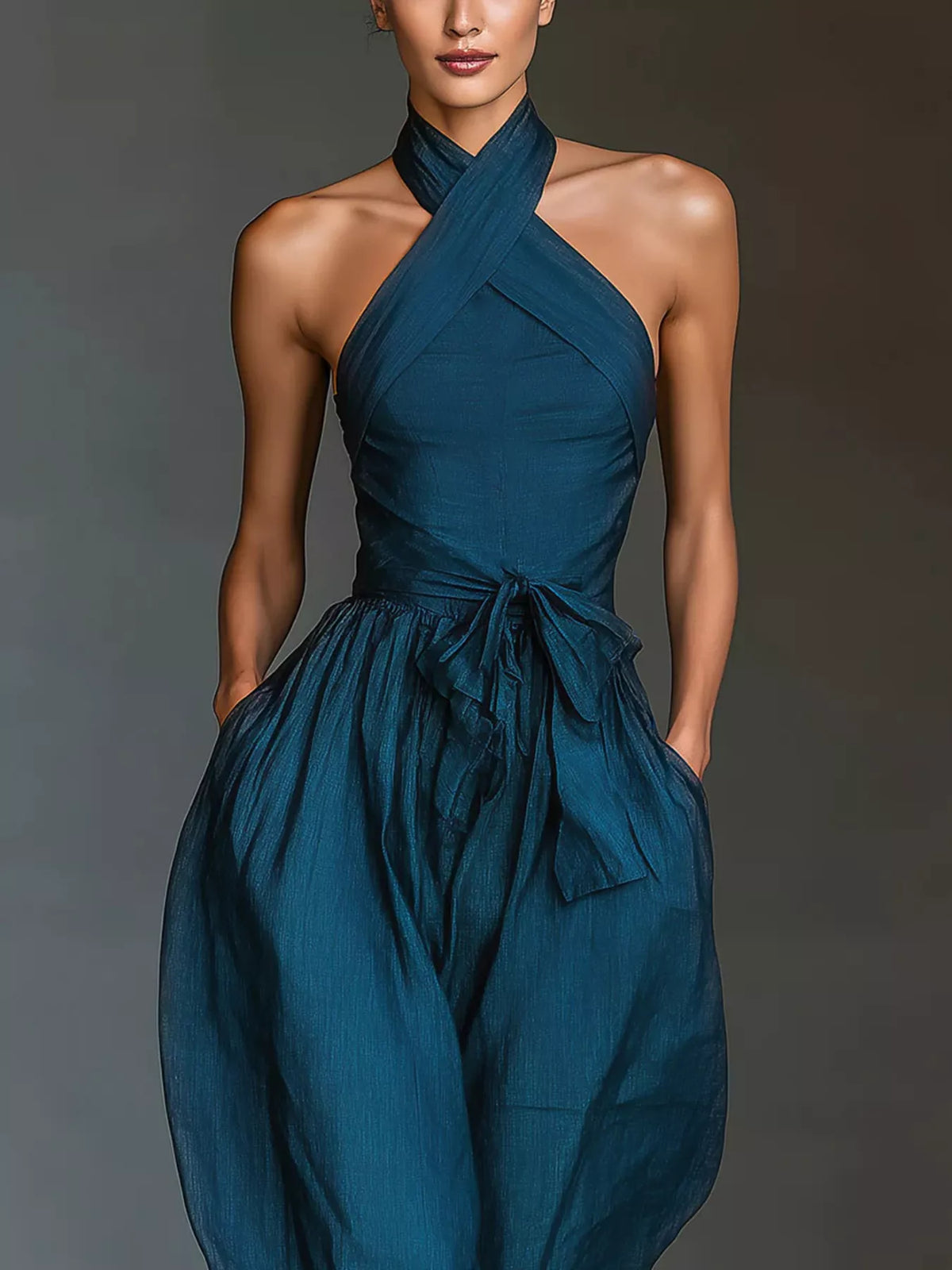 Women's Halter Neck Wide-Leg Jumpsuit with Waist-Tie Detail