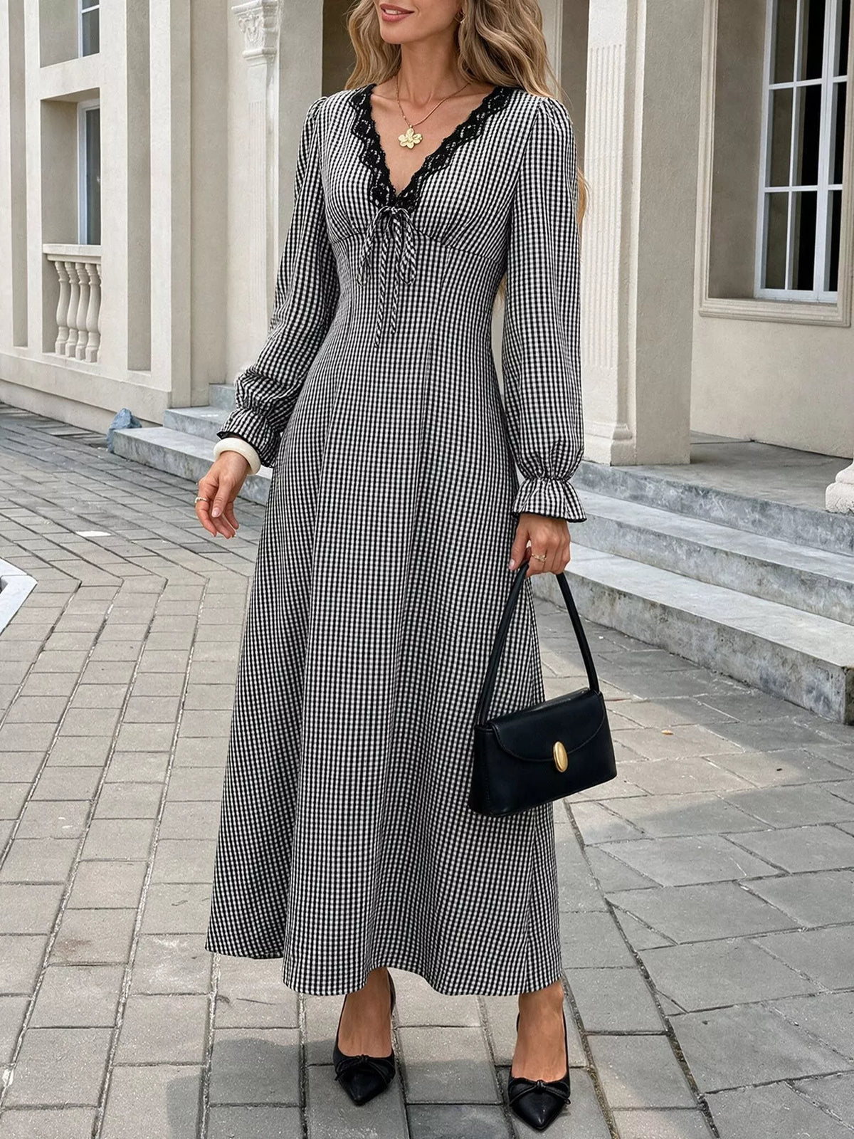 Gingham Lace-Trim V-Neck Long Sleeve A-Line Maxi Dress