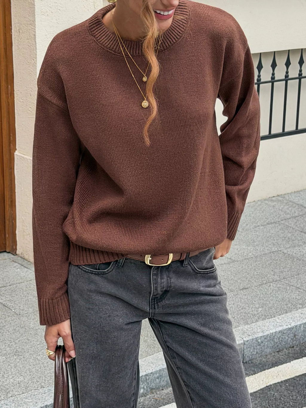 Women's Brown Crew Neck Ribbed Hem Sweater - Brown