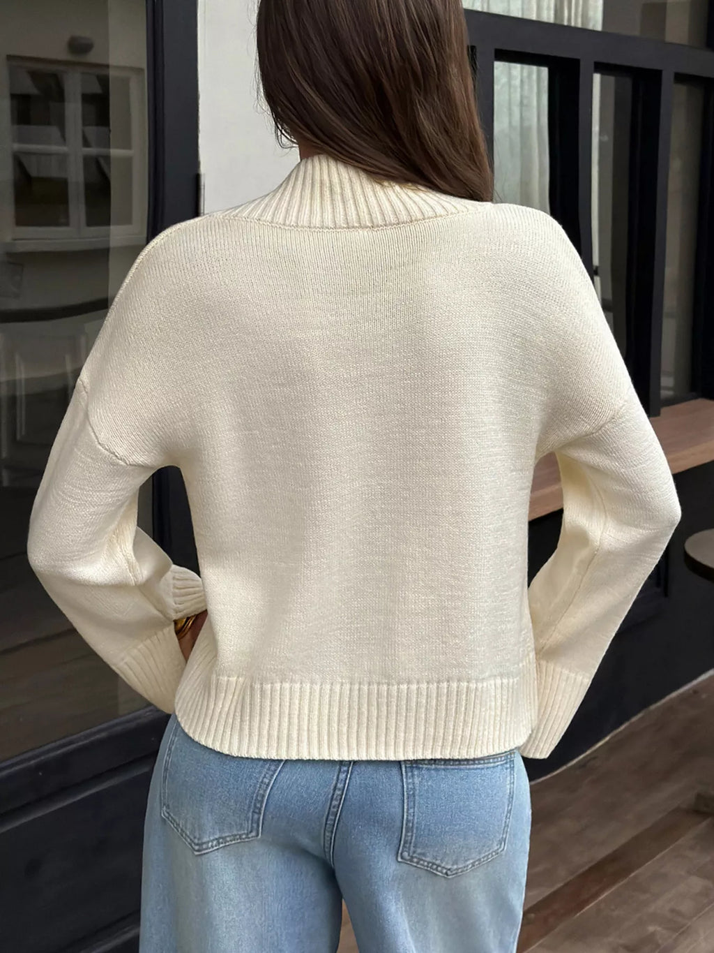 Women's Beige Mock Neck Dropped Shoulder Sweater - Beige