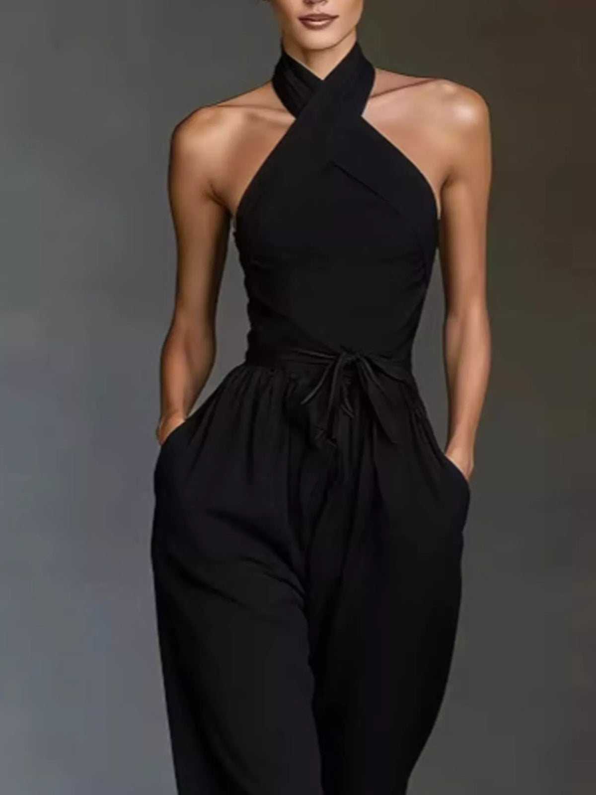 Women's Halter Neck Wide-Leg Jumpsuit with Waist-Tie Detail